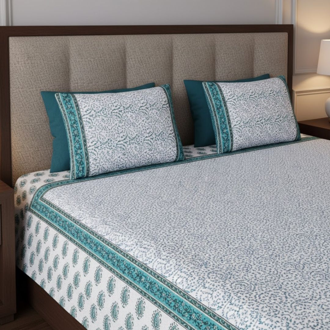 The Blue Opulence Hand Block Print Double Bedsheet